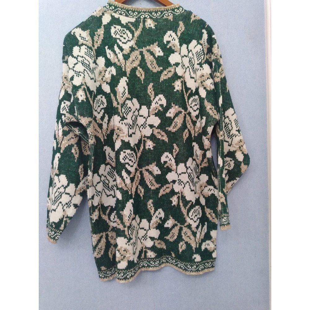 Vintage Floral Knit Sweater Forest Green Cream Rose Pattern Winter Pullover